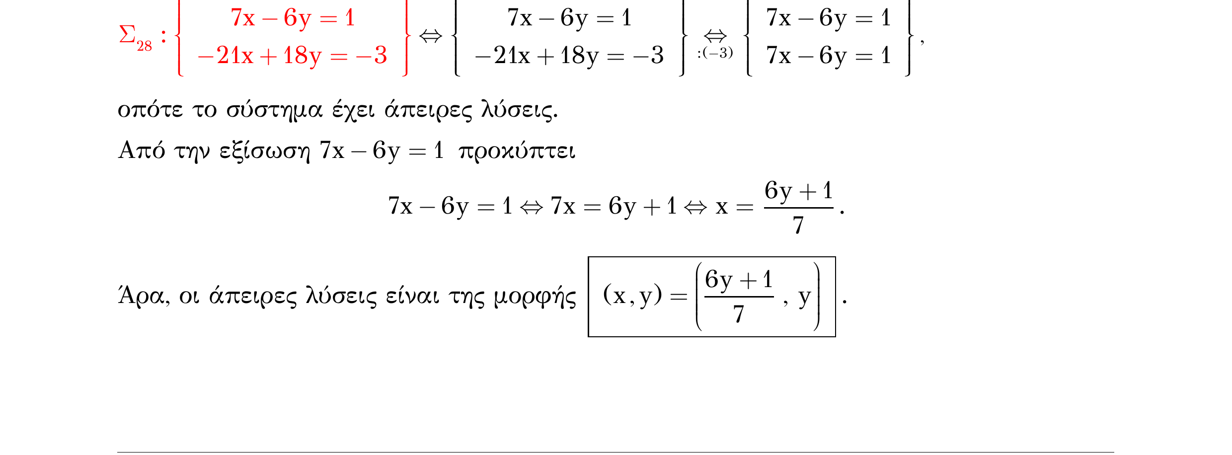 Σάρωση λυμένου παραδείγματος «Άσκηση επανάληψης – Σ28» από «Τ9-Γραμμικά συστήματα 2Χ2», σελίδα 21.